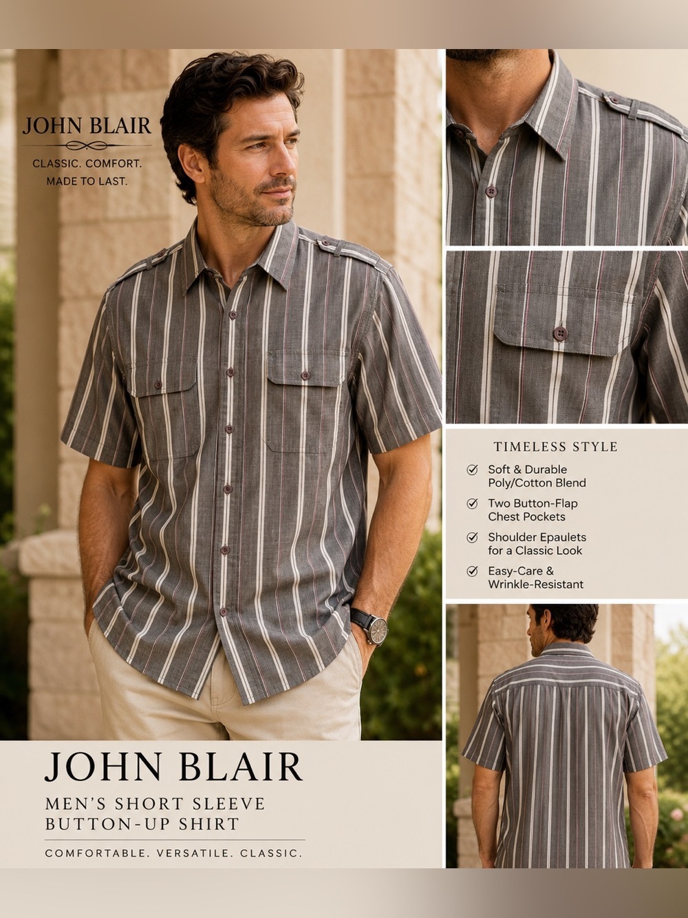 John Blair Men’s Gray Striped Short Sleeve Button-Up Shirt Dual Pocket - XL